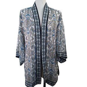 Max Studio Topper Blue Black Border Print Kimono Open Front Cardigan Womens L